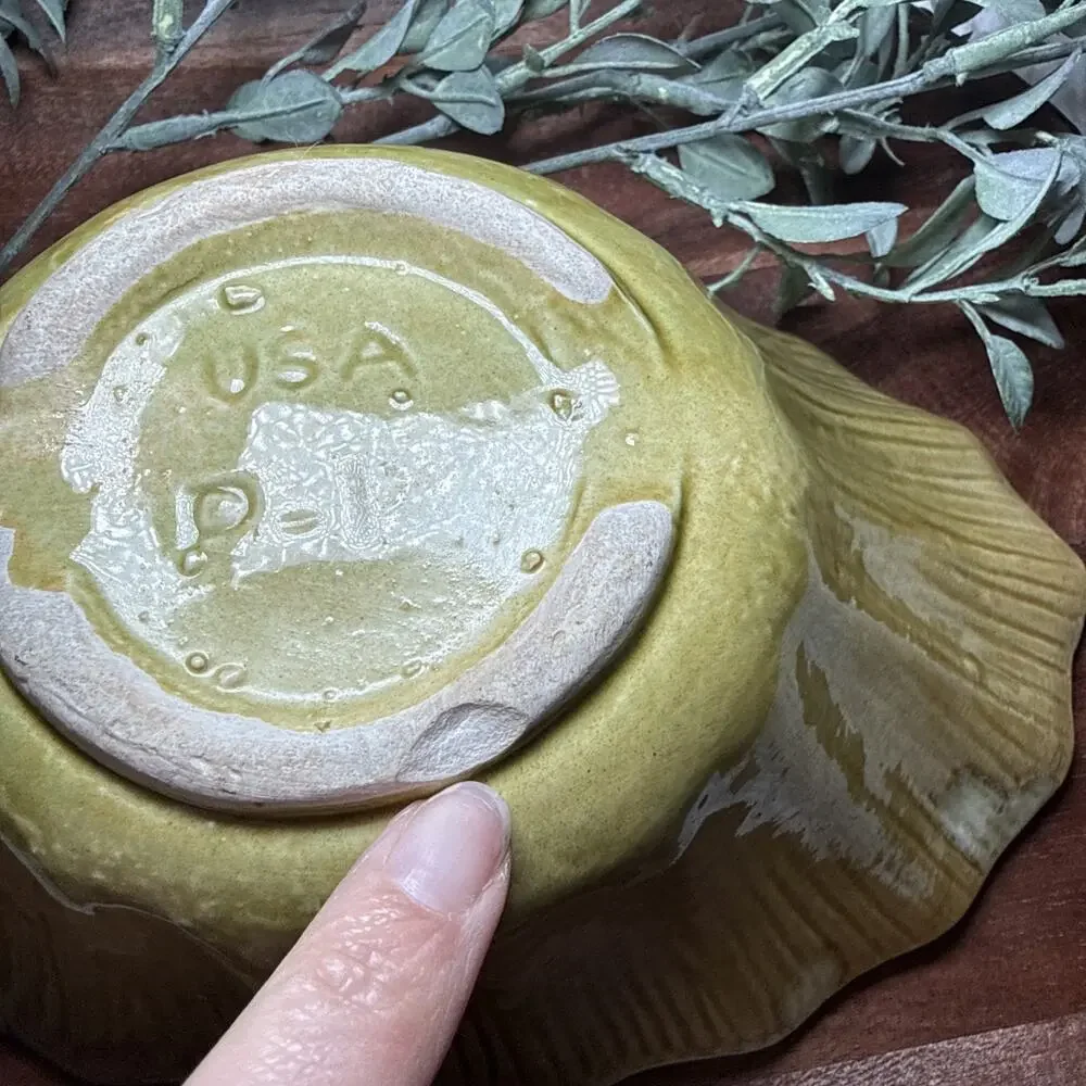 Vintage Mid Century USA P-1 Drip Glaze Pottery Console Bowl Green Yellow 50s 60s